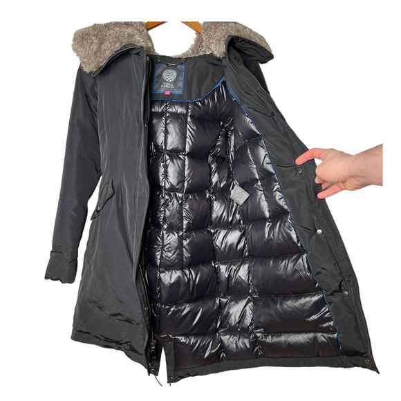 Vince Camuto XS Down $129 Puffer Coat Faux Fur Hood Long Jacket Full Zip Black - Picture 3 of 7